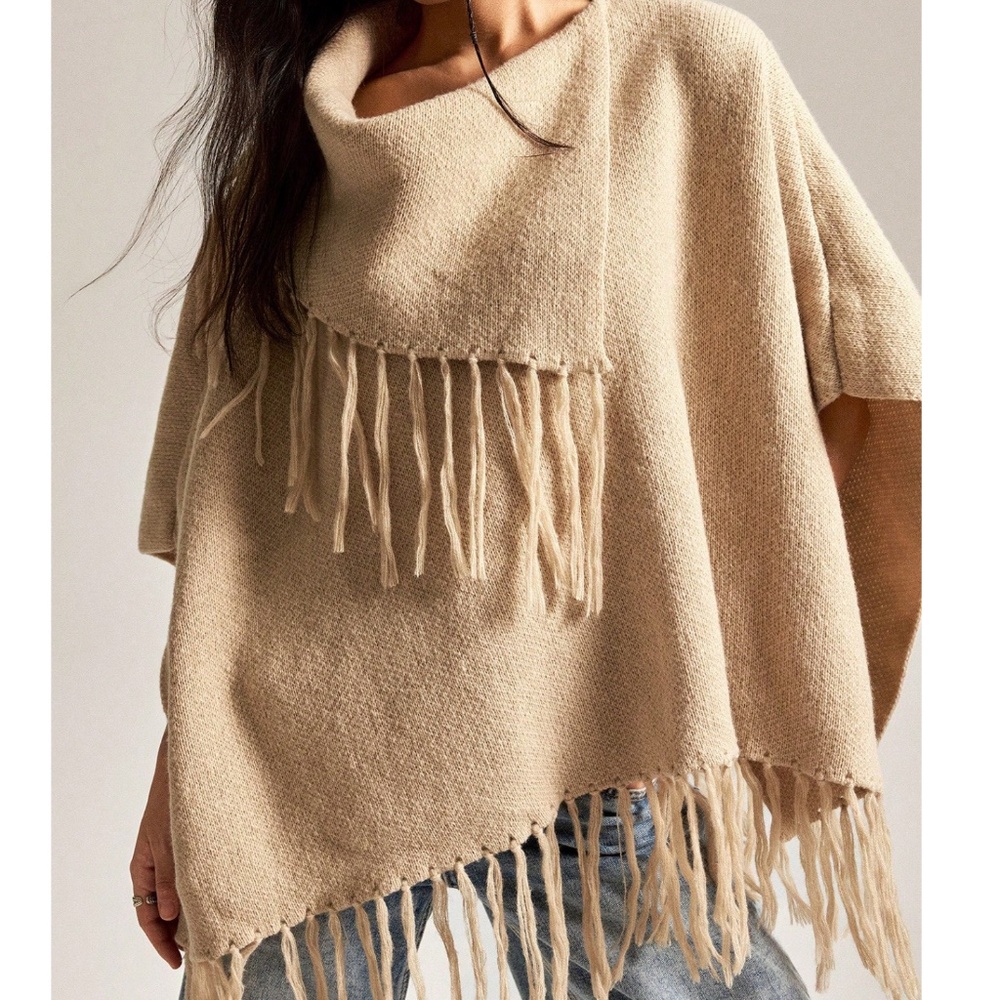 Classic Tan Fringe Detail Oversized Poncho Sweater Top - Picture 3 of 8